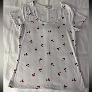 Orange Kiss Cherry Patterned Short Sleeve Scoop Neck Ribbed Shirt - White & Red